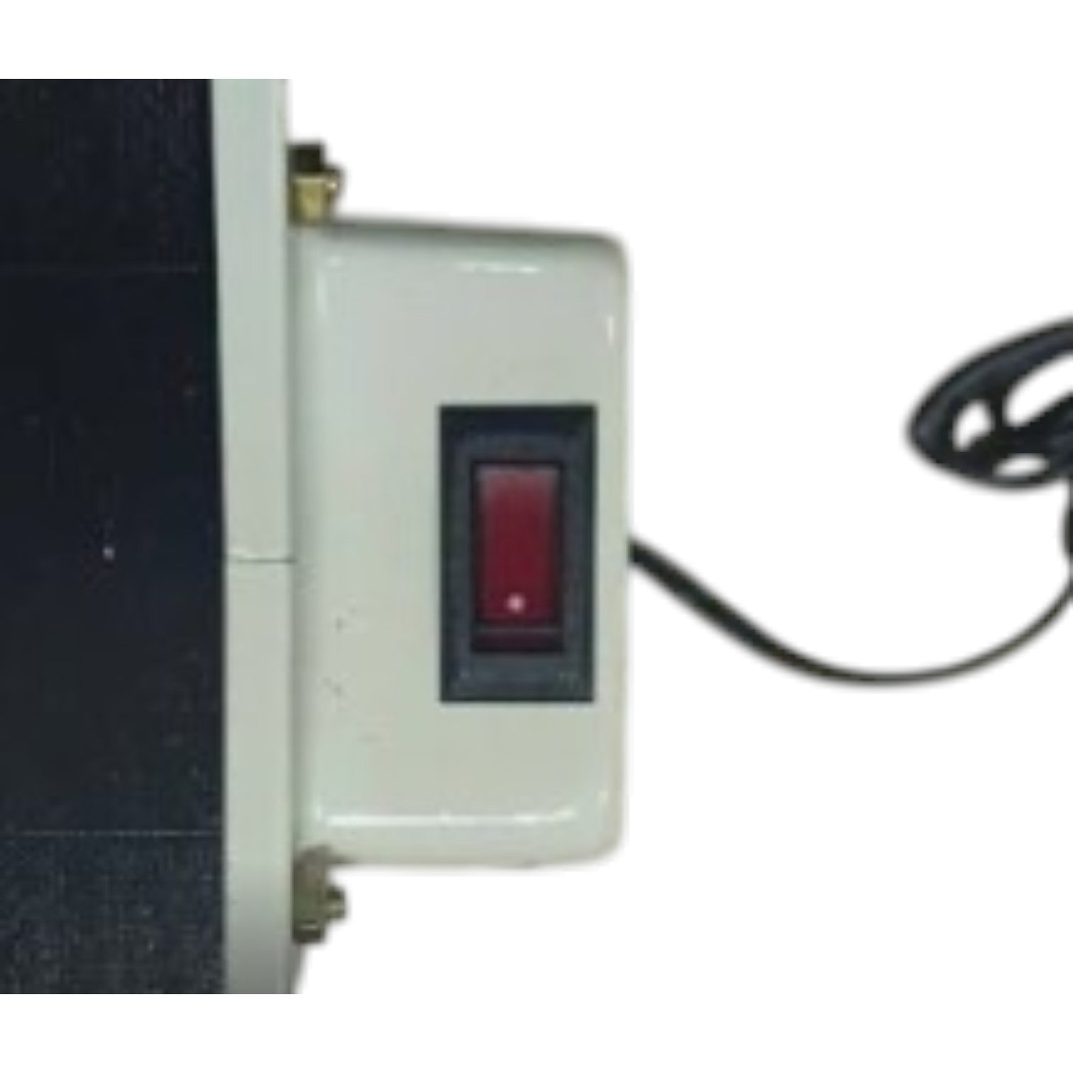 A close-up of a white electrical junction box with a red rocker switch, attached to a dark panel, with a black power cord visible on a white background.