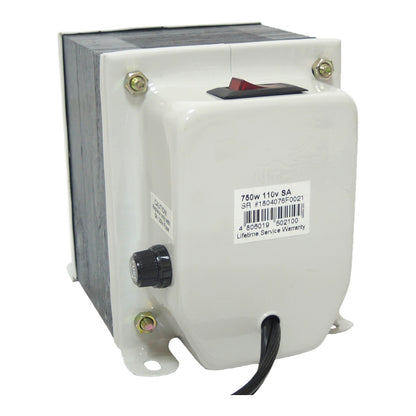 A 750W 110V 5A electrical transformer with a white plastic casing, gray internal core, a red top switch, and a black power cord, shown on a white background.