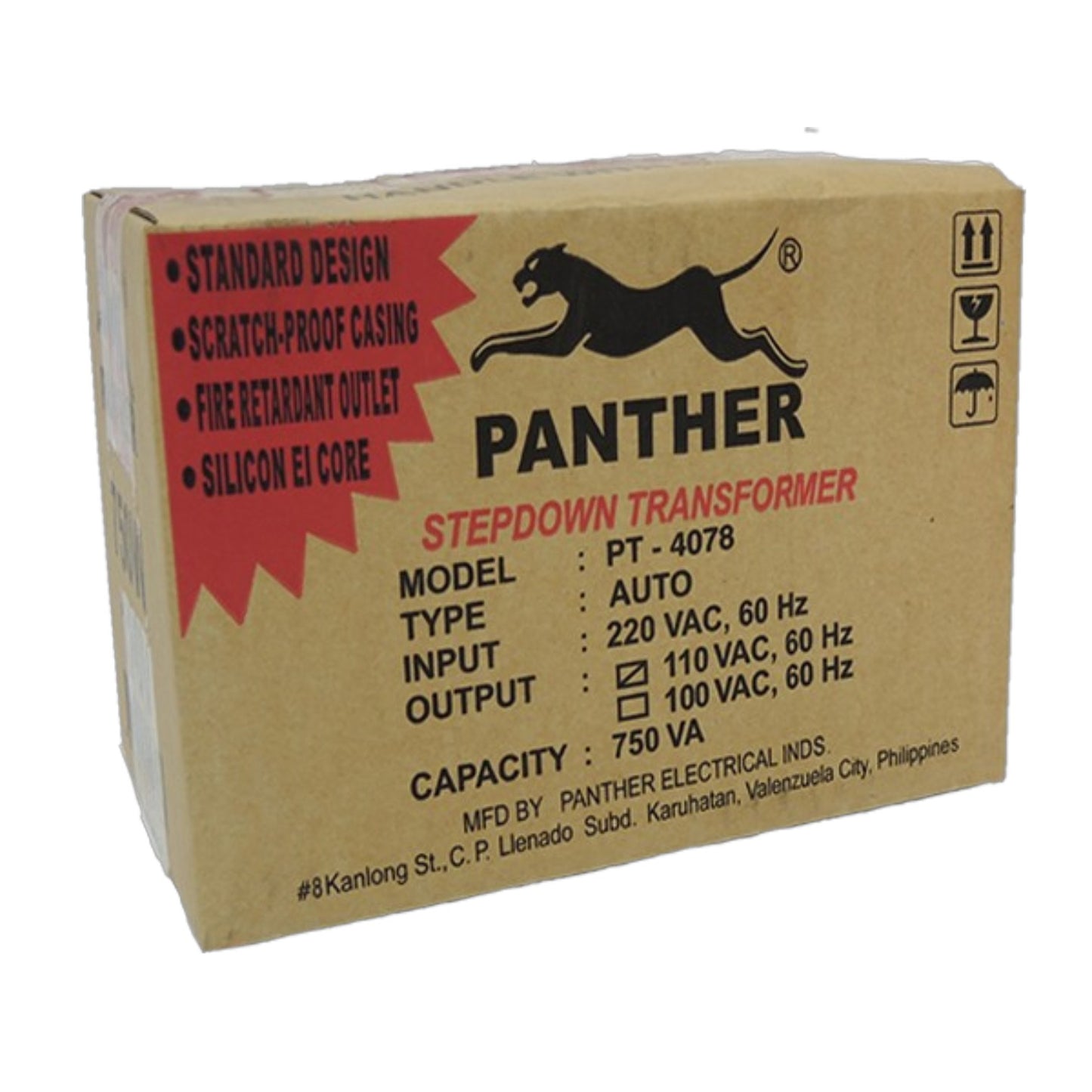 A brown cardboard box for a Panther Stepdown Transformer, model PT-4078. The box features a black panther logo and red and black text detailing the product specifications and features.