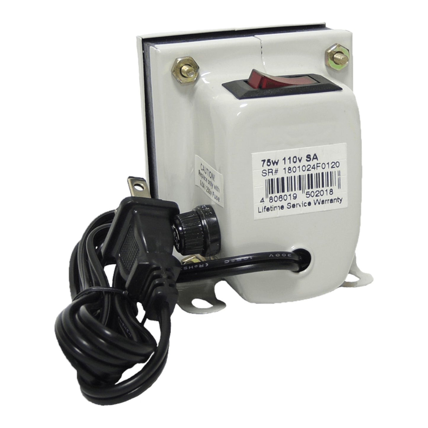 A white electrical transformer with a black power cord and plug, featuring a red switch on top and a product label on the front.