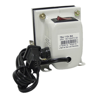 A white electrical transformer with a black power cord and plug, featuring a red switch on top and a product label on the front.