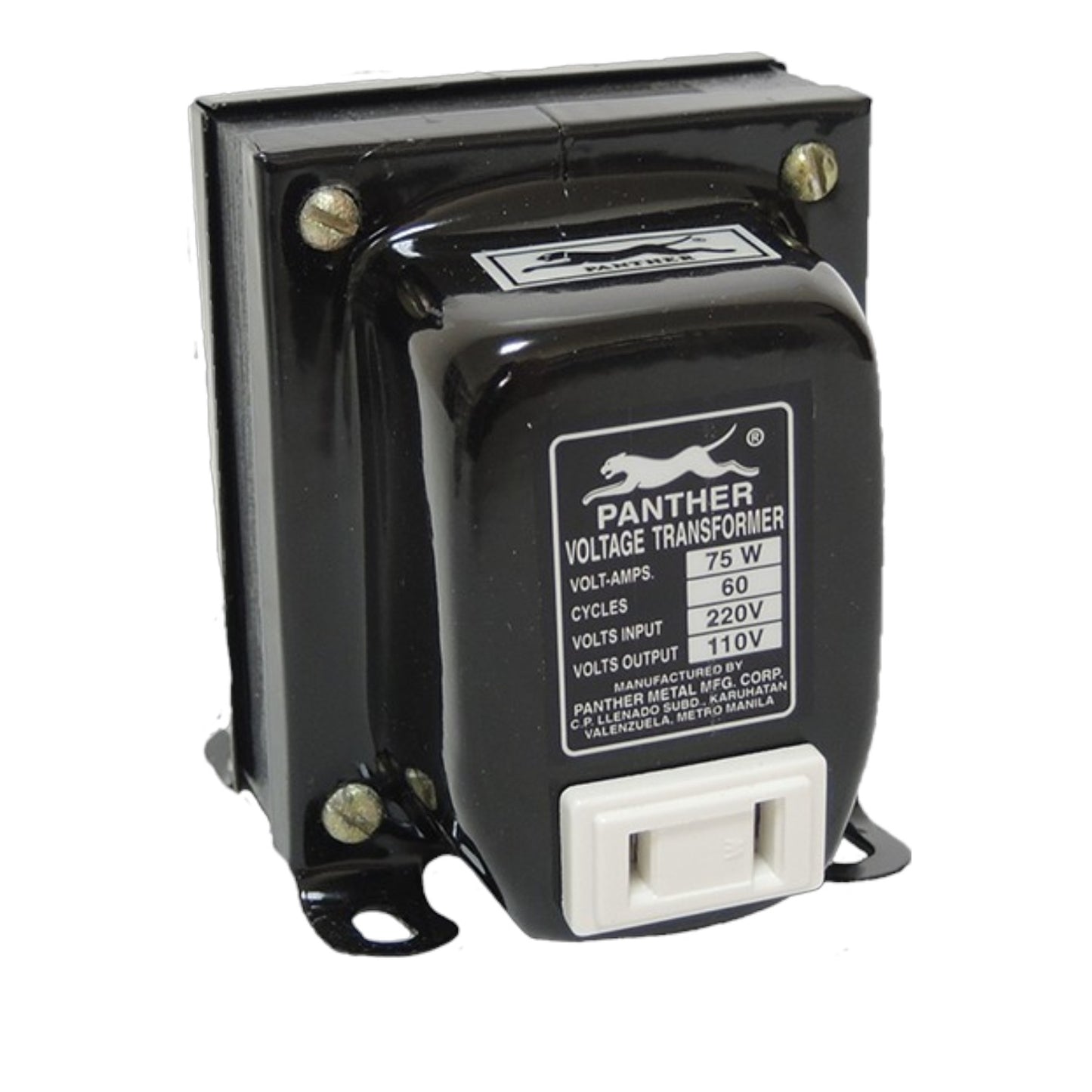 A Panther brand black voltage transformer with a white plastic socket on the front, shown on a plain white background.