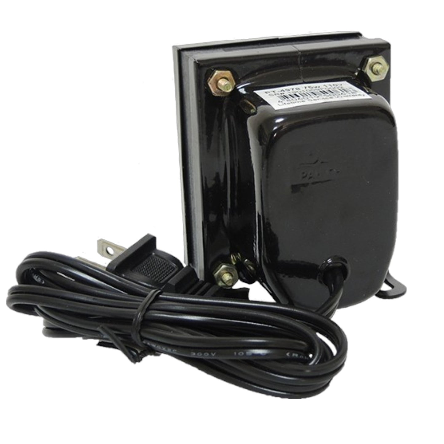 A black electrical transformer with a coiled power cord and a wall outlet plug, photographed on a plain white background.
