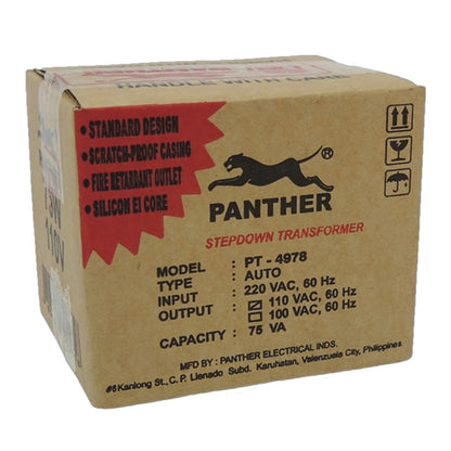 A brown cardboard box for a Panther Electrical Industries stepdown transformer, model PT - 4978. The box features a red starburst with product features, a black panther logo, and technical specifications printed in black text.