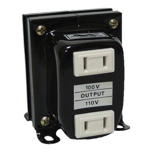 A black electrical transformer with two white AC outlets on the front, labeled '100V OUTPUT 110V'. It has gold-colored mounting screws and is shown on a plain white background.
