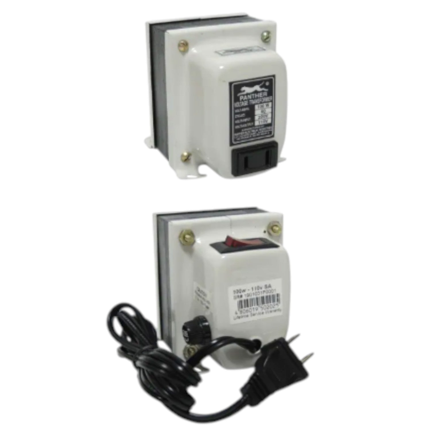 A small white electrical transformer with a black power cord, shown from two angles on a plain white background. One view shows the front face with a black label, and the other shows the side with a red switch and a black power cord with a two-prong plug.