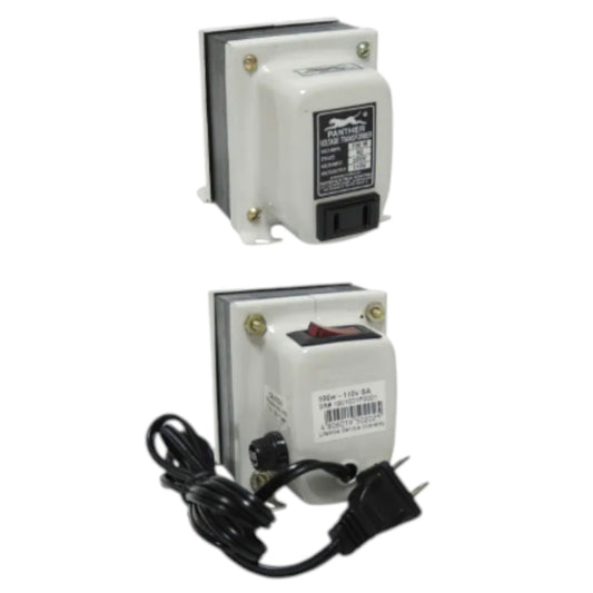 A small white electrical transformer with a black power cord, shown from two angles on a plain white background. One view shows the front face with a black label, and the other shows the side with a red switch and a black power cord with a two-prong plug.