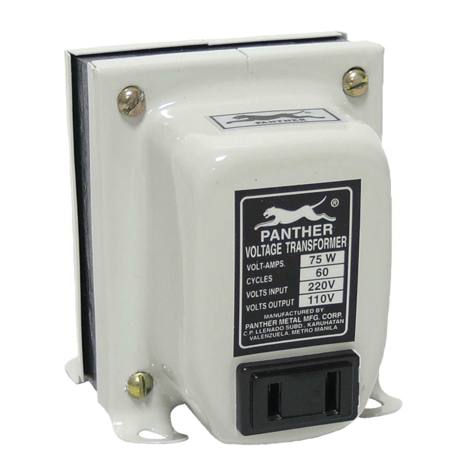 A white Panther Voltage Transformer with a black label, gold screws, and a black outlet on the front, shown on a white background.