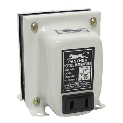 A white Panther Voltage Transformer with a black label, gold screws, and a black outlet on the front, shown on a white background.