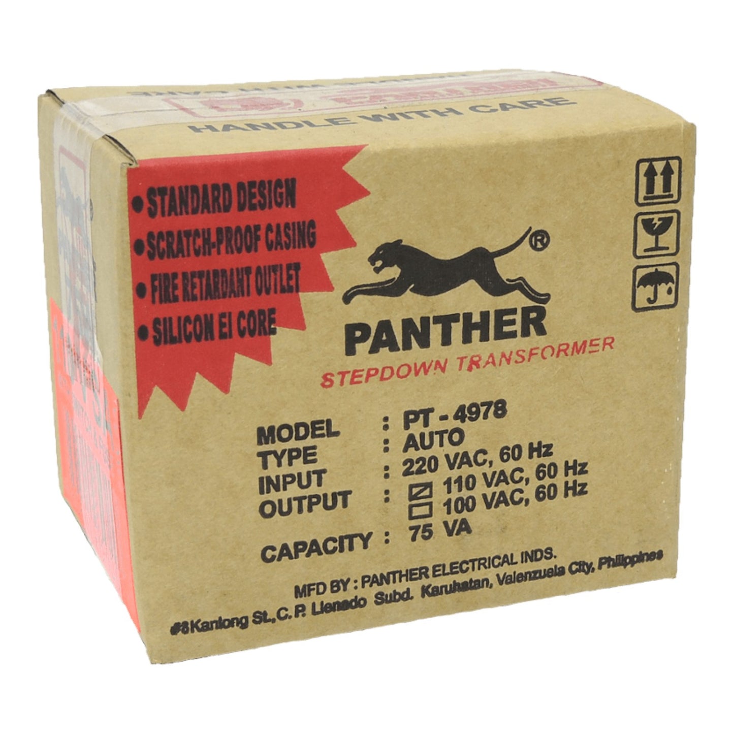 A cardboard box of Panther Electrical Industries PT-4978 Stepdown Transformer, featuring the black Panther logo and product specifications on a brown kraft paper background.