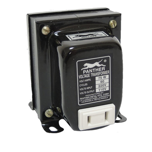 A Panther brand black voltage transformer with a white plastic socket on the front, shown on a plain white background.