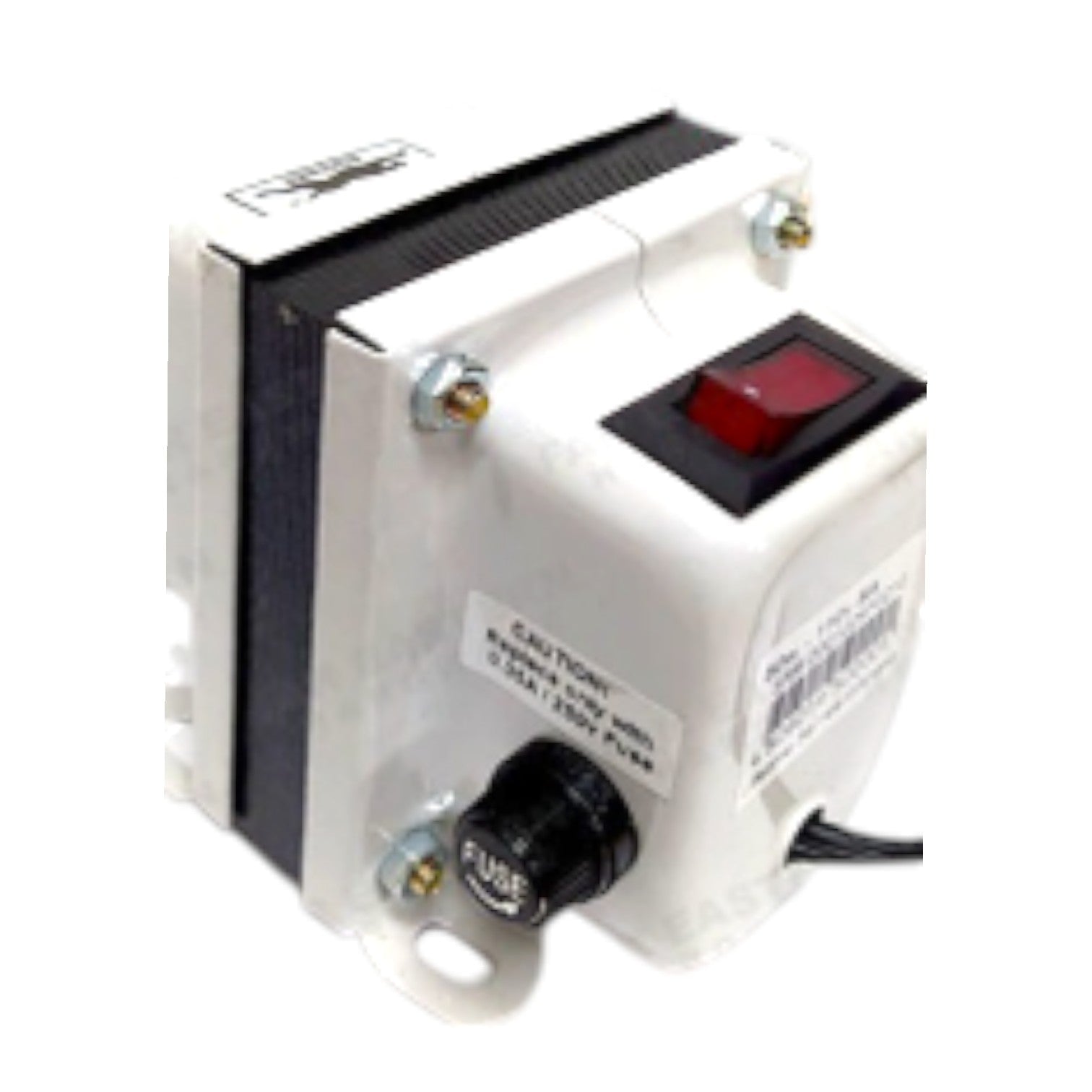 A white electrical control box with a red rocker switch, a black fuse terminal, and a black side panel, shown on a plain white background.