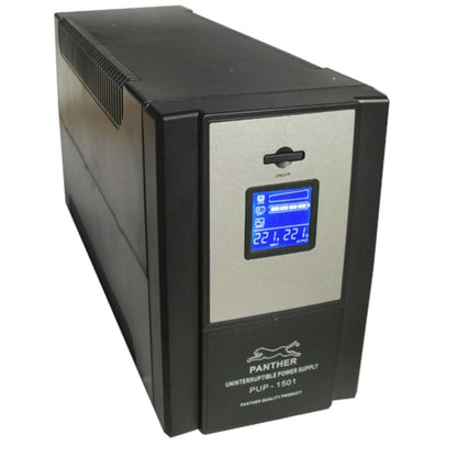 Panther PUP-1501 underfrequency power supply unit, black casing with a silver front panel and a blue backlit LCD display screen.