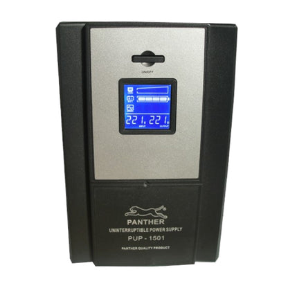 Panther PUP-1501 Uninterruptible Power Supply in black and silver with a blue backlit LCD display screen, shown against a plain white background.