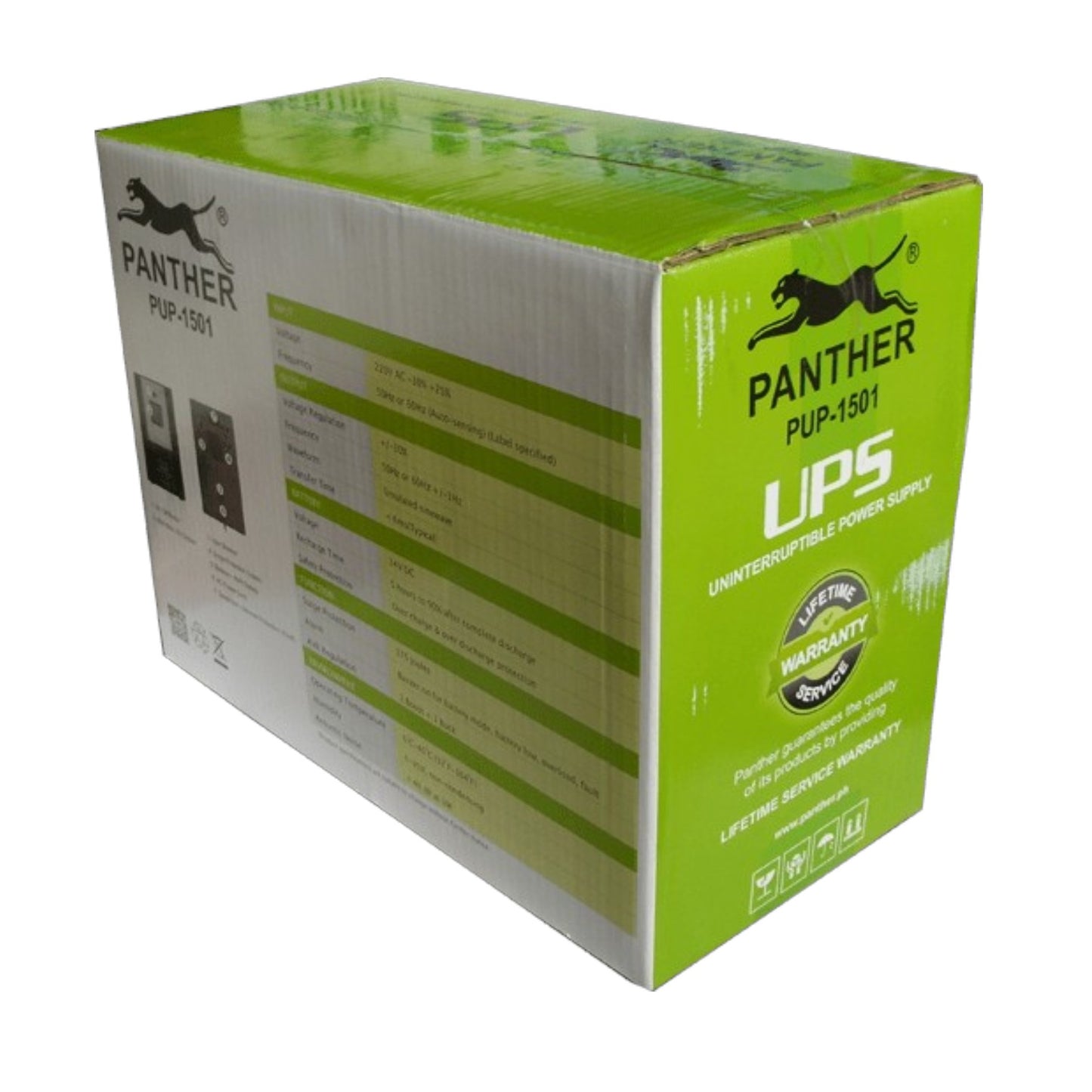 A green and white cardboard box for a Panther UPS PUP-1501 uninterruptible power supply, shown at a three-quarter angle on a white background.