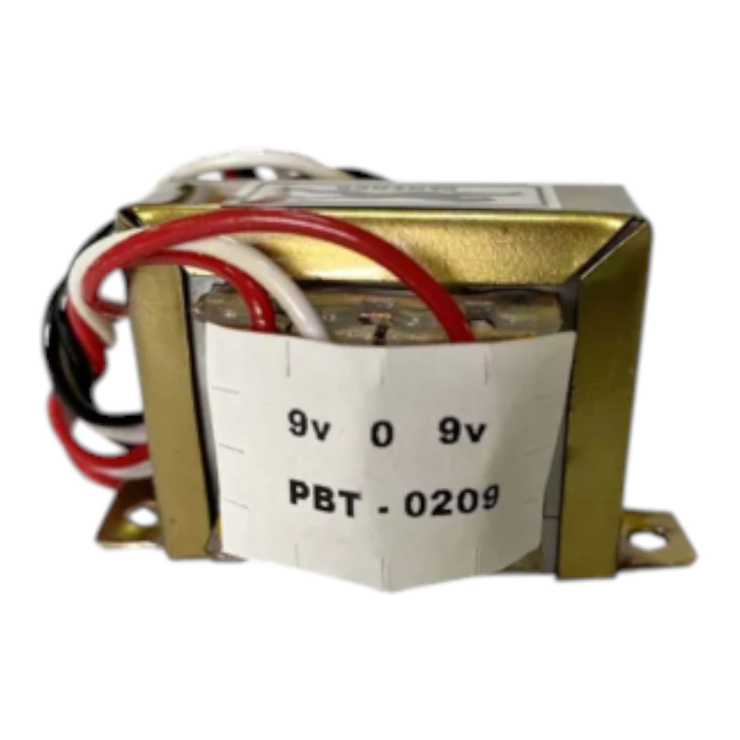 A small electronic transformer with a gold-colored metal casing, attached wires in red, white, and black, and a white paper label with the text '9v 0 9v' and 'PBT - 0209'.