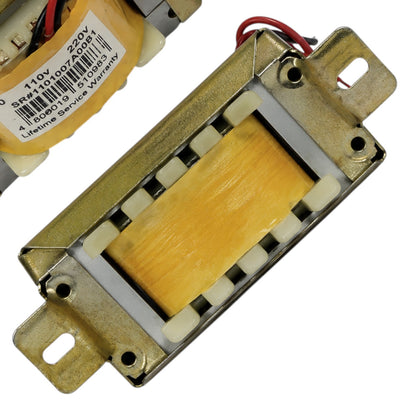 A close-up of a rectangular gold-toned metal electronic component with a yellow center section and attached red and black wires, shown on a white background with part of another similar component visible in the upper left.