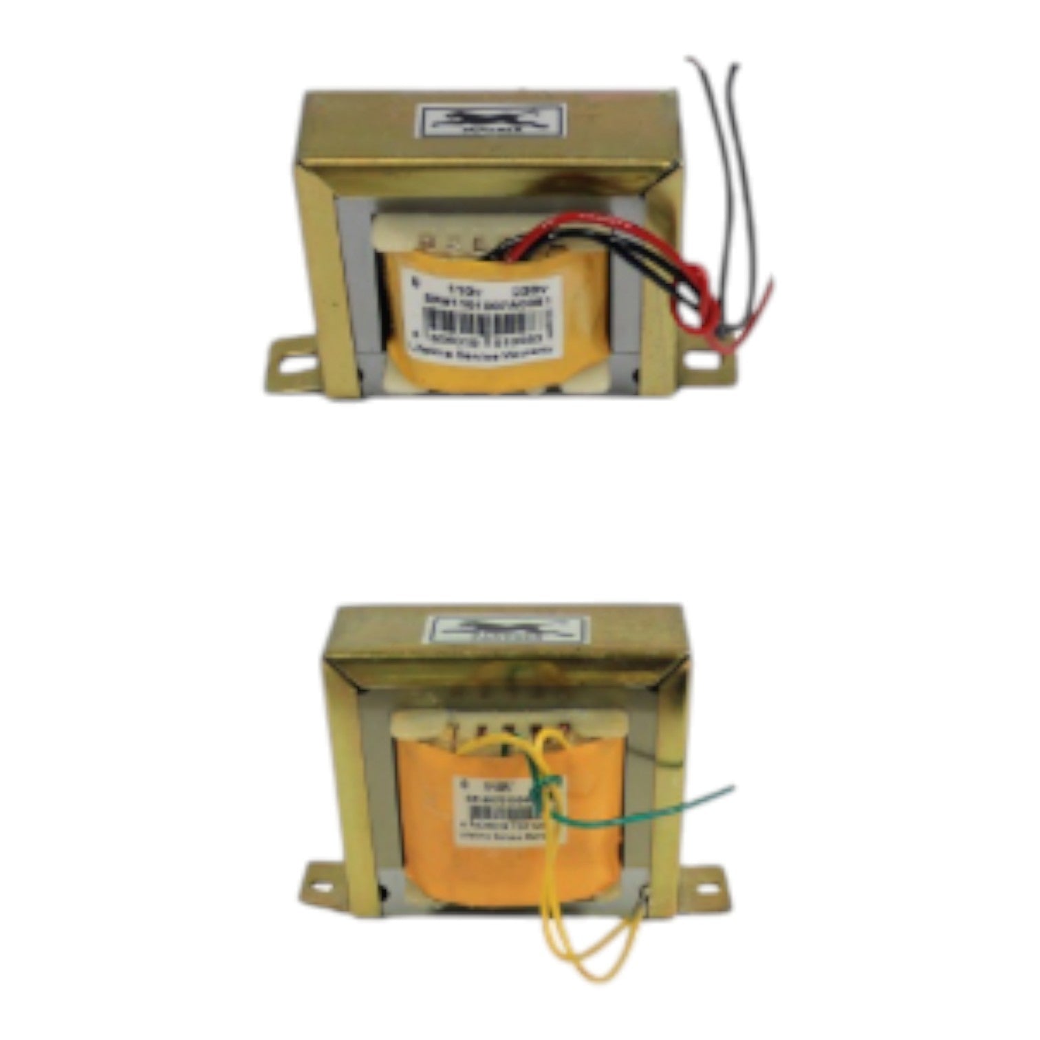 Two views of a small industrial power transformer with a gold-colored metal casing, yellow-orange internal coil, and multicolored wire leads, shown on a plain white background.