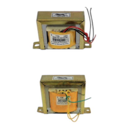 Two views of a small industrial power transformer with a gold-colored metal casing, yellow-orange internal coil, and multicolored wire leads, shown on a plain white background.