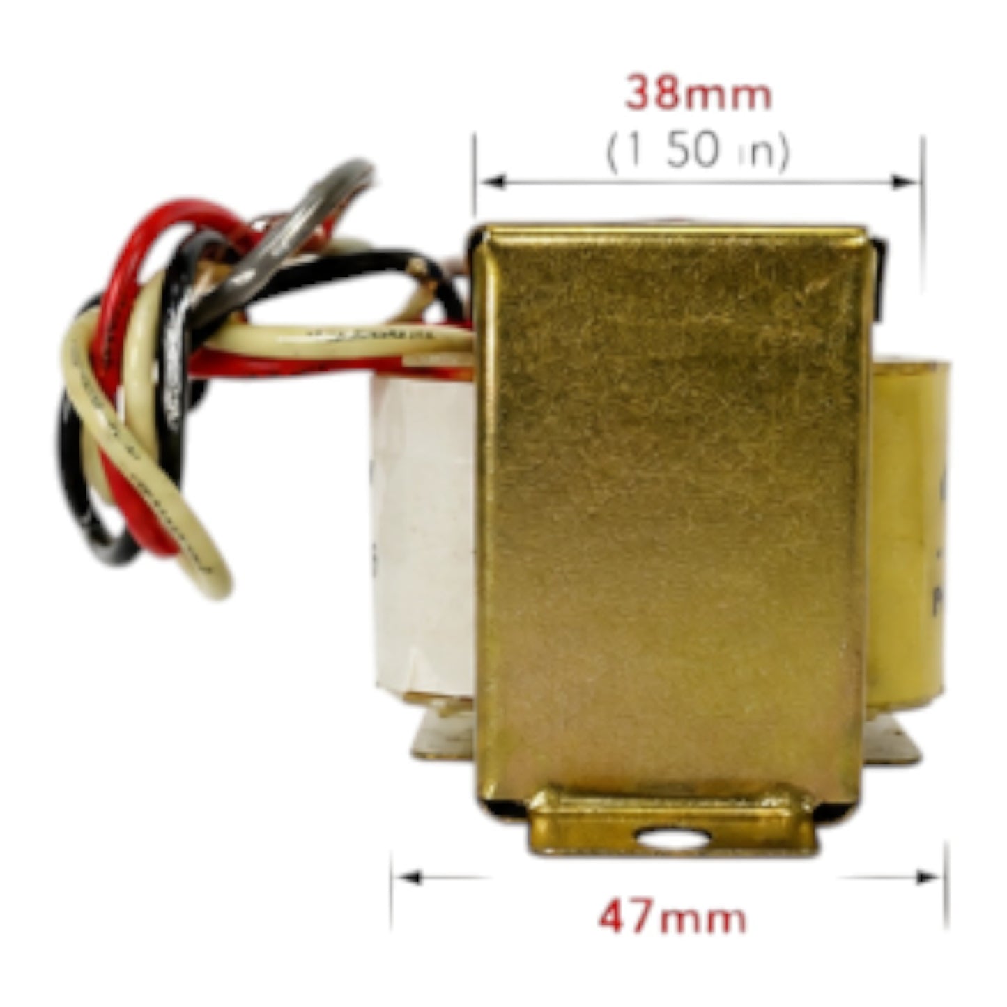 A small rectangular metal transformer or electronic component with attached multicolored wires, shown on a white background with red dimension labels reading 38mm (1.50 in) and 47mm.