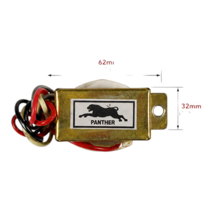 A small rectangular metal transformer or relay component with attached red, black, and beige wires, shown on a white background with red dimension markings reading 62mm and 32mm. The front label shows a panther logo and the word PANTHER.