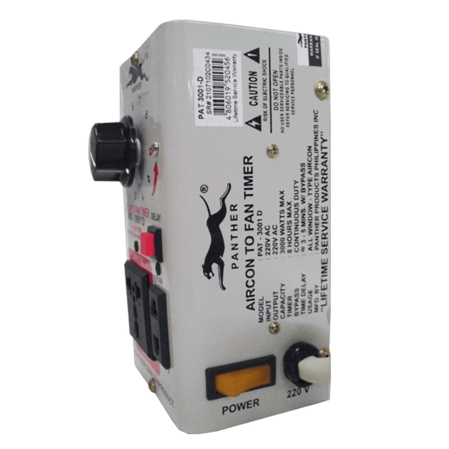 A Panther brand Aircon to Fan Timer electrical control box, featuring a gray metal casing with a black logo, a black rotary knob, dual power outlets, and a power switch on a white background.