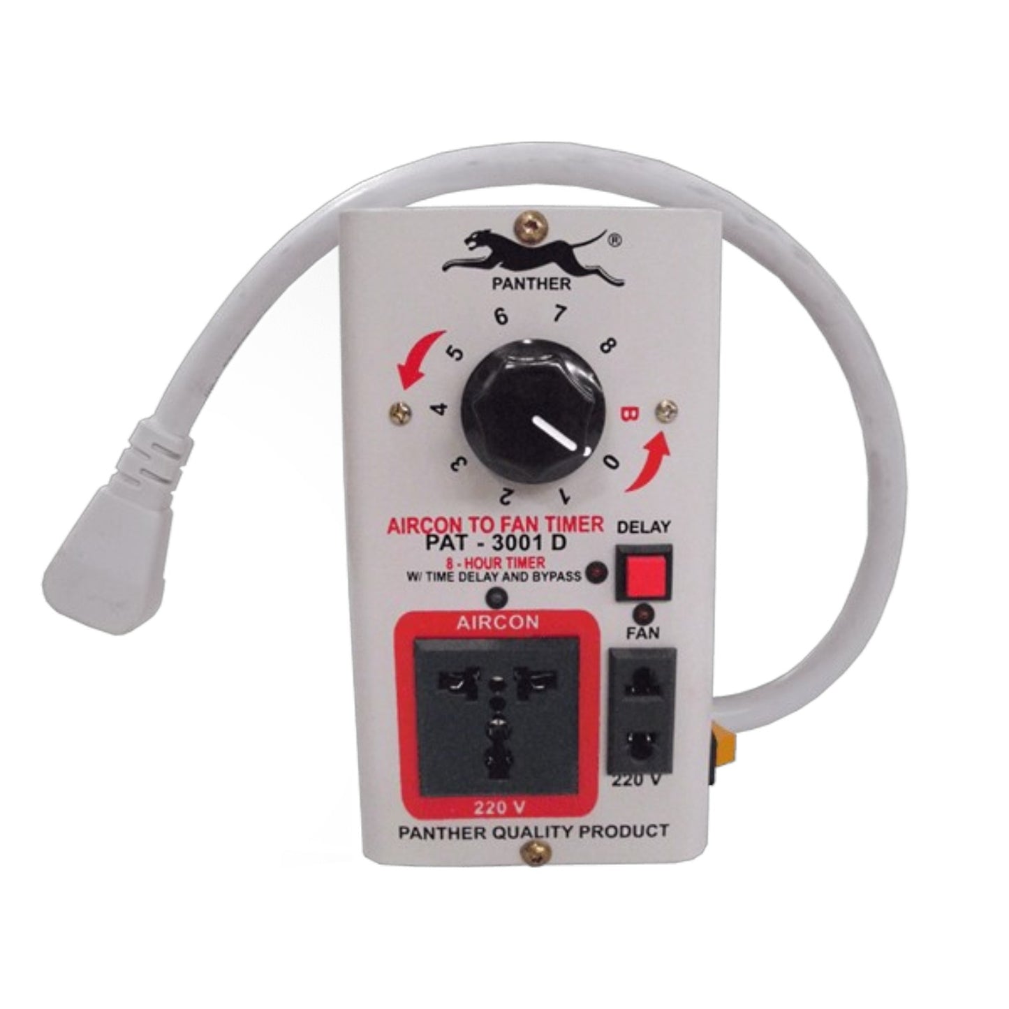 A white Panasonic air conditioner to fan timer switch with a black rotary dial, red and black power outlets, and a white power cord, shown against a plain white background.
