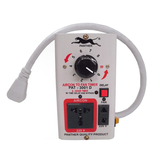 A white Panasonic air conditioner to fan timer switch with a black rotary dial, red and black power outlets, and a white power cord, shown against a plain white background.