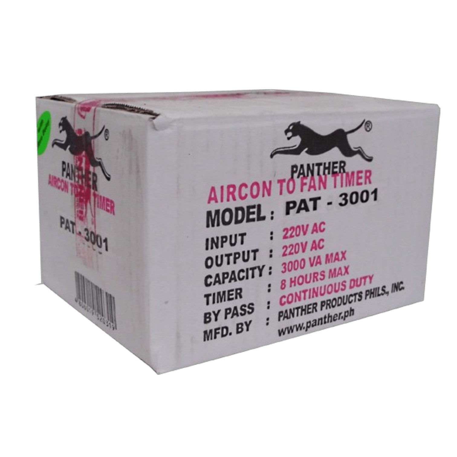 A white cardboard box for a Panther Aircon to Fan Timer, Model PAT-3001, with black and pink text and logos on a white background.