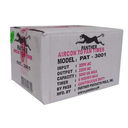 A white cardboard box for a Panther Aircon to Fan Timer, Model PAT-3001, with black and pink text and logos on a white background.