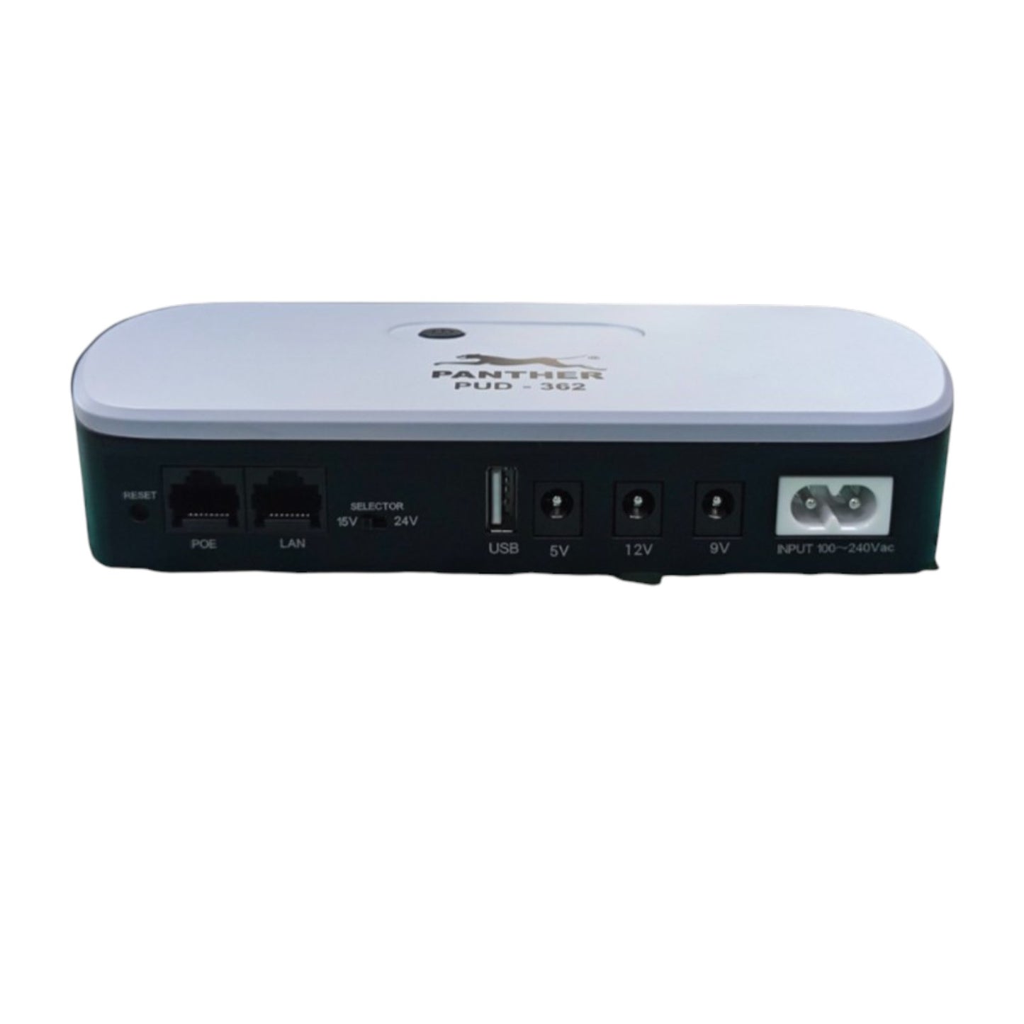 A Panther PUC-35A 2-port Ethernet hub with RJ45 ports, USB port, and power connectors, shown from the rear on a white background.