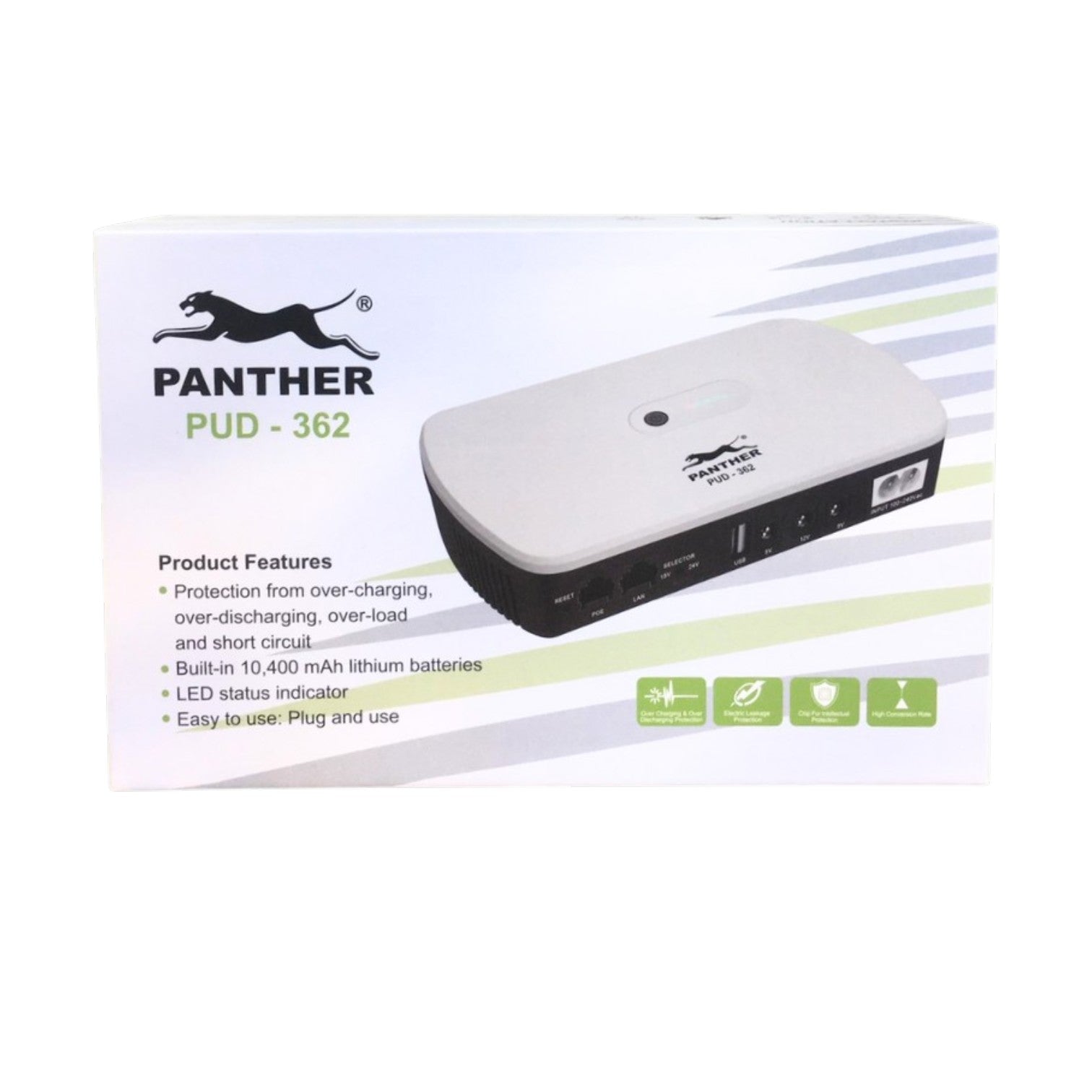 Panther PUD-362 multi-port USB hub product packaging box, featuring a white and black hub illustration on a white background with green accents.