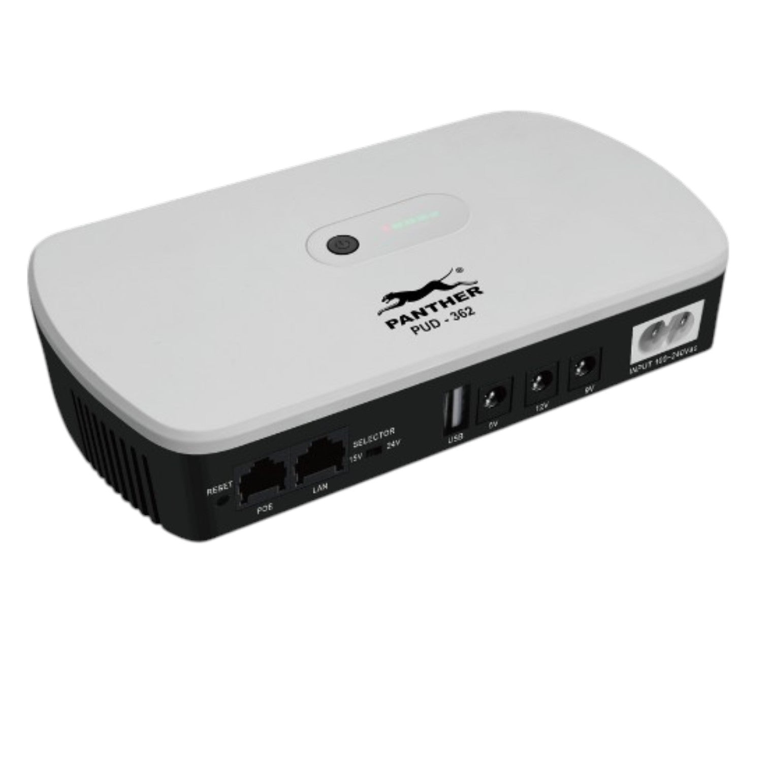 A Pantera PUD-3602 4-port Ethernet switch with a white top cover and a black side panel showing the ports, photographed on a solid white background.