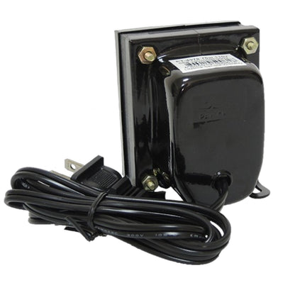 A black electrical transformer with a coiled power cord and a wall outlet plug, photographed on a plain white background.