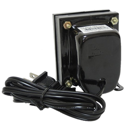 A black electrical transformer with a coiled power cord and a wall outlet plug, photographed on a plain white background.