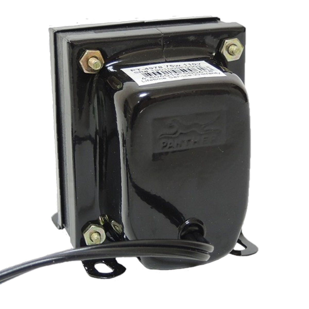 A black plastic electrical transformer with mounting brackets and a black power cord, shown against a plain white background. The brand name 'PANTHE' is embossed on the front face.