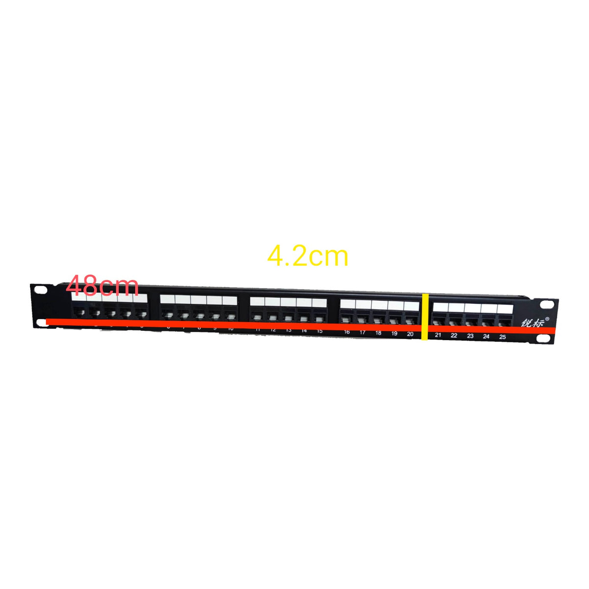 A 16-port RJ45 patch panel connector shown horizontally on a white background, with red and yellow measurement overlays indicating 40cm length and 4.2cm width.