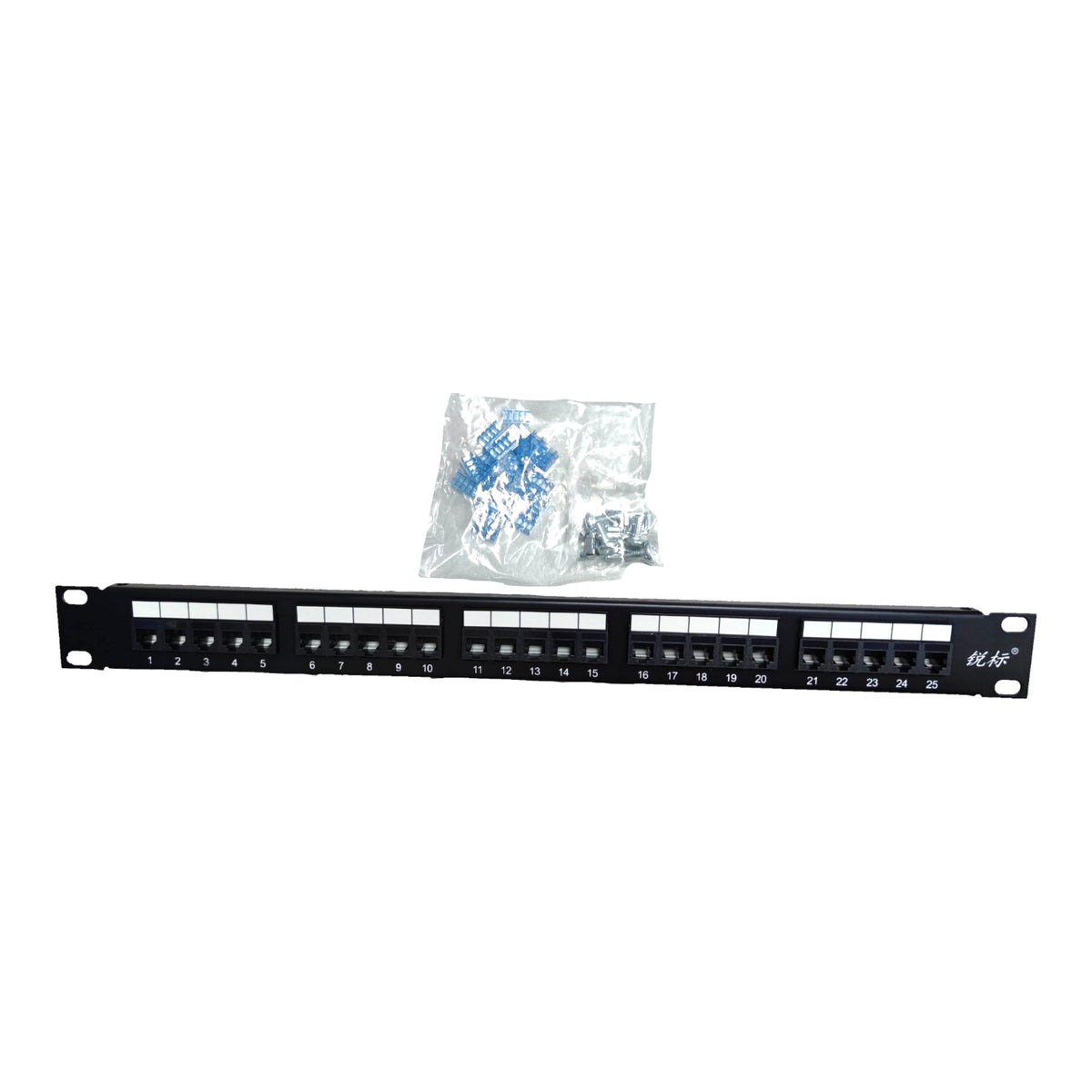 A black 24-port network patch panel with mounting brackets on both ends, shown horizontally with a small clear plastic bag of included mounting screws and washers behind it, on a plain white background.