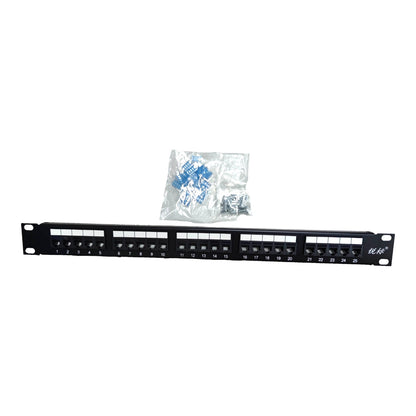 A black 24-port network patch panel with mounting brackets on both ends, shown horizontally with a small clear plastic bag of included mounting screws and washers behind it, on a plain white background.