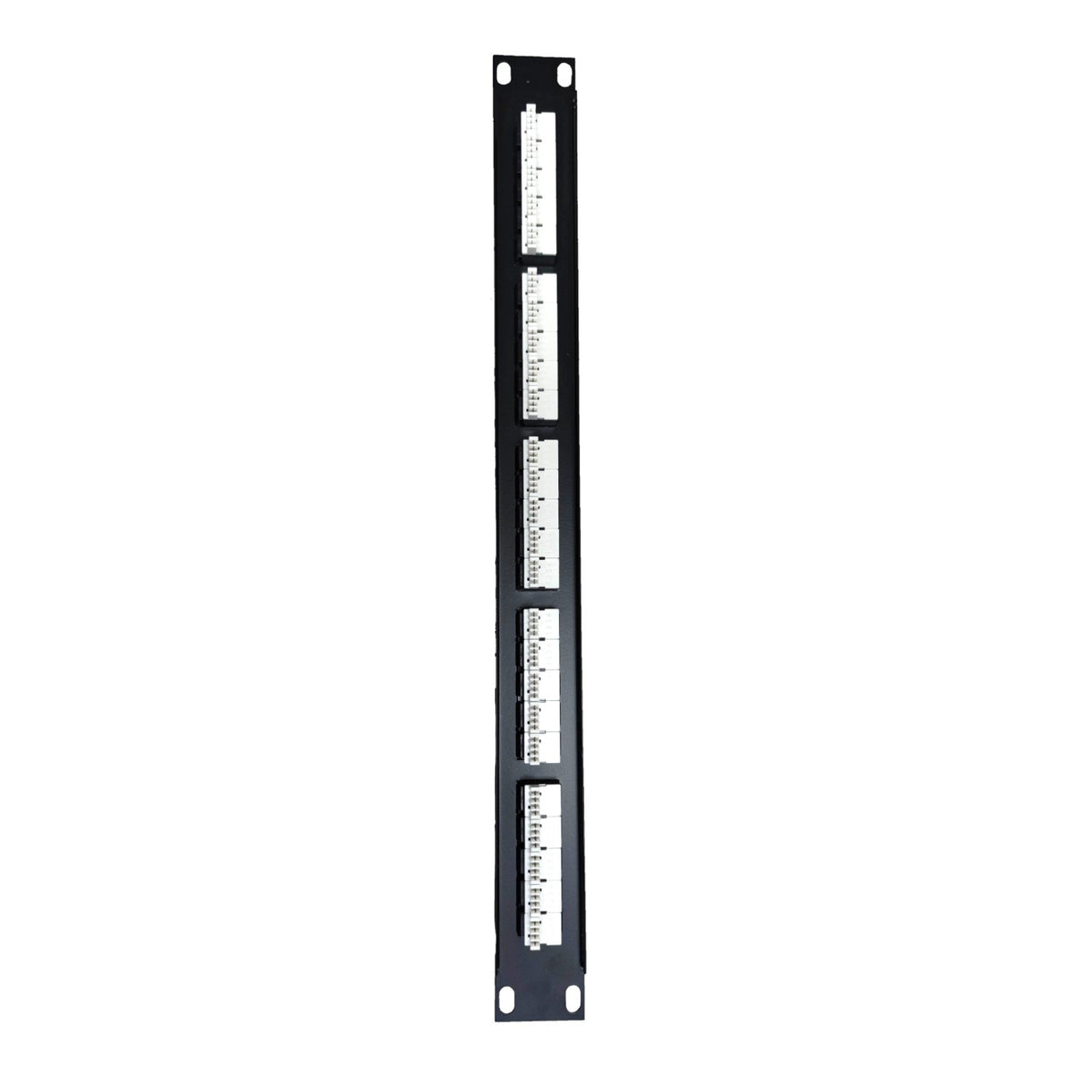A black 19-inch rack-mount panel featuring four vertical white measurement scales with printed markings, shown against a plain white background.