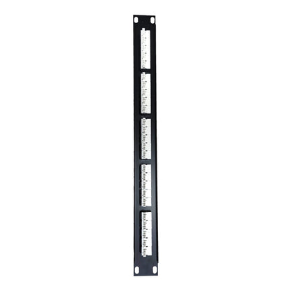 A black 19-inch rack-mount panel featuring four vertical white measurement scales with printed markings, shown against a plain white background.
