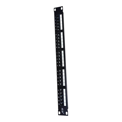 A single 19-inch vertical network patch panel with 24 RJ45 ports, featuring a black metal chassis, white numbered labels, and silver screw terminals, shown on a plain white background.
