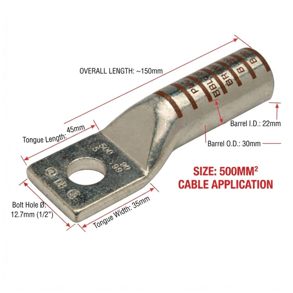 Pennunion 1000MCM Terminal Lugs 500mm Long Barrel 5/8 Stud Size Crimp Type (BBLU-100S)