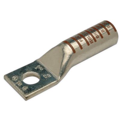 A metallic electrical terminal block with a circular hole in the flat plate, featuring printed color-coded ring markings and screw terminal details on a white background.
