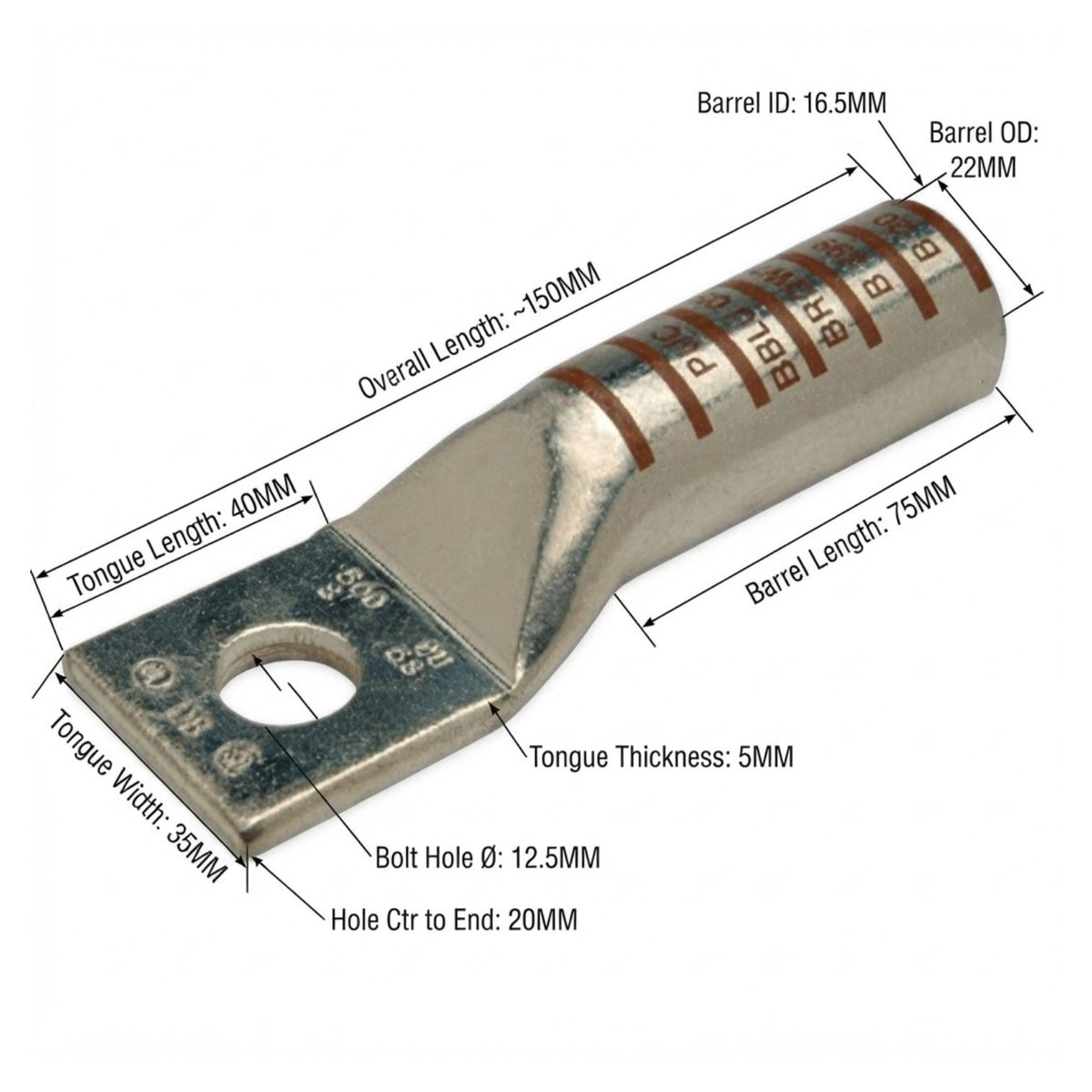 A metal electrical terminal bar with annotated dimensions and technical callouts on a white background, including overall length, tongue length, barrel length, tongue thickness, bolt hole diameter, and barrel measurements.
