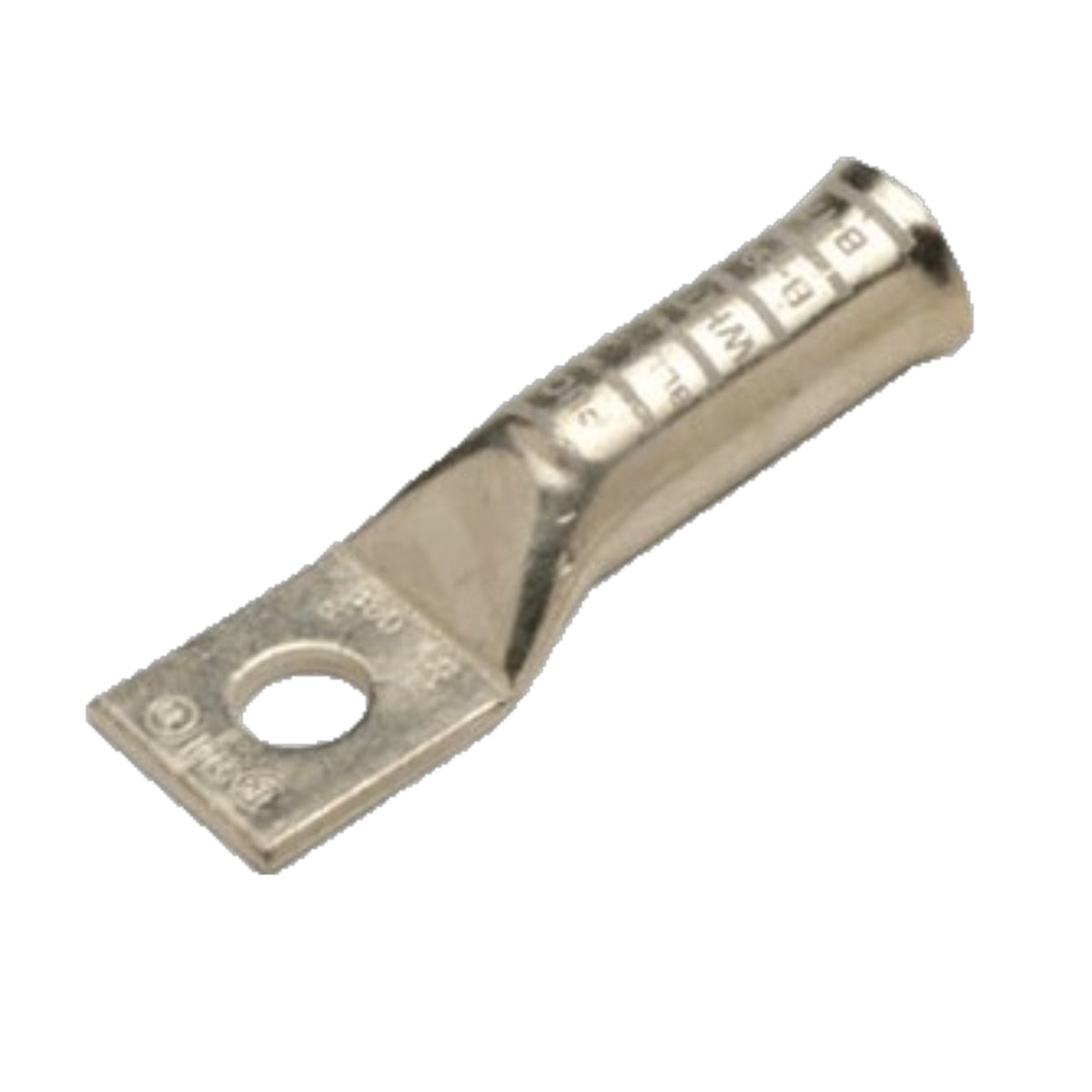 A metallic electrical terminal block with a single screw connection and a grounding hole, featuring size markings on its cylindrical body.