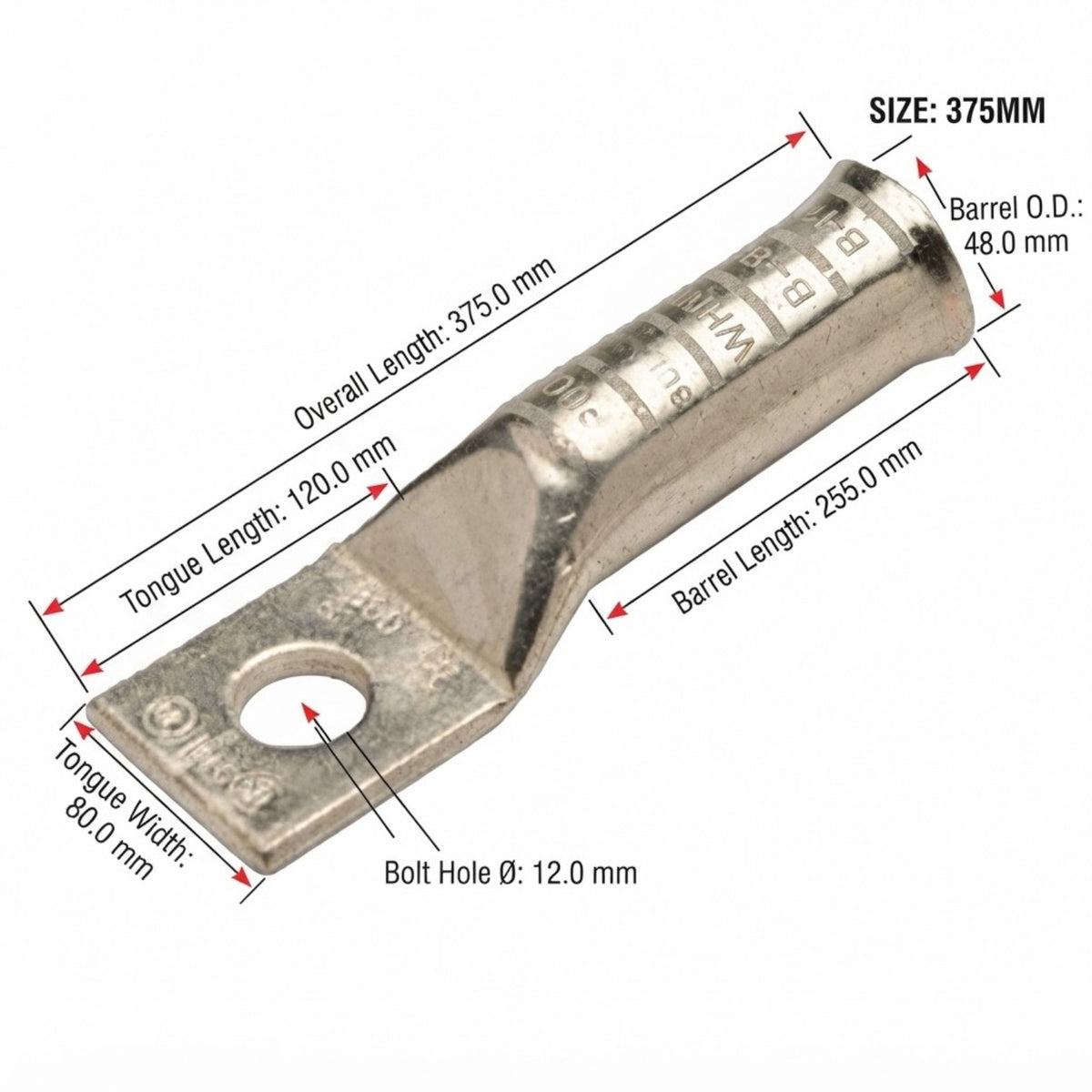 Pennunion 750MCM Terminal Lugs 375mm Long Barrel 5/8 Stud Size Crimp Type (BBLU-075S)