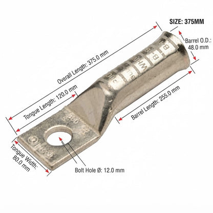 Pennunion 750MCM Terminal Lugs 375mm Long Barrel 5/8 Stud Size Crimp Type (BBLU-075S)