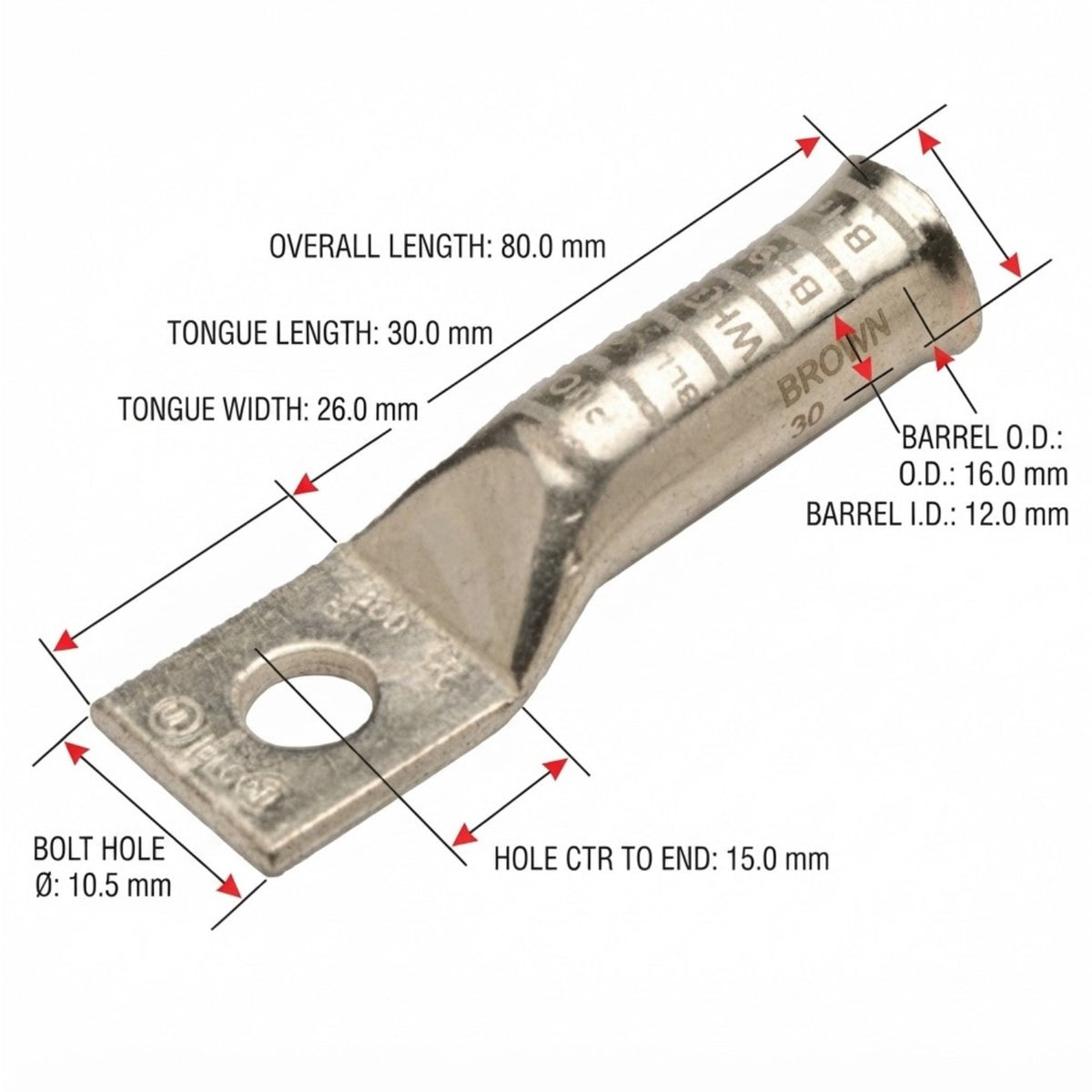 A metal electrical terminal connector shown on a white background with overlaid dimension lines and text labels indicating overall length, tongue length, tongue width, barrel O.D.