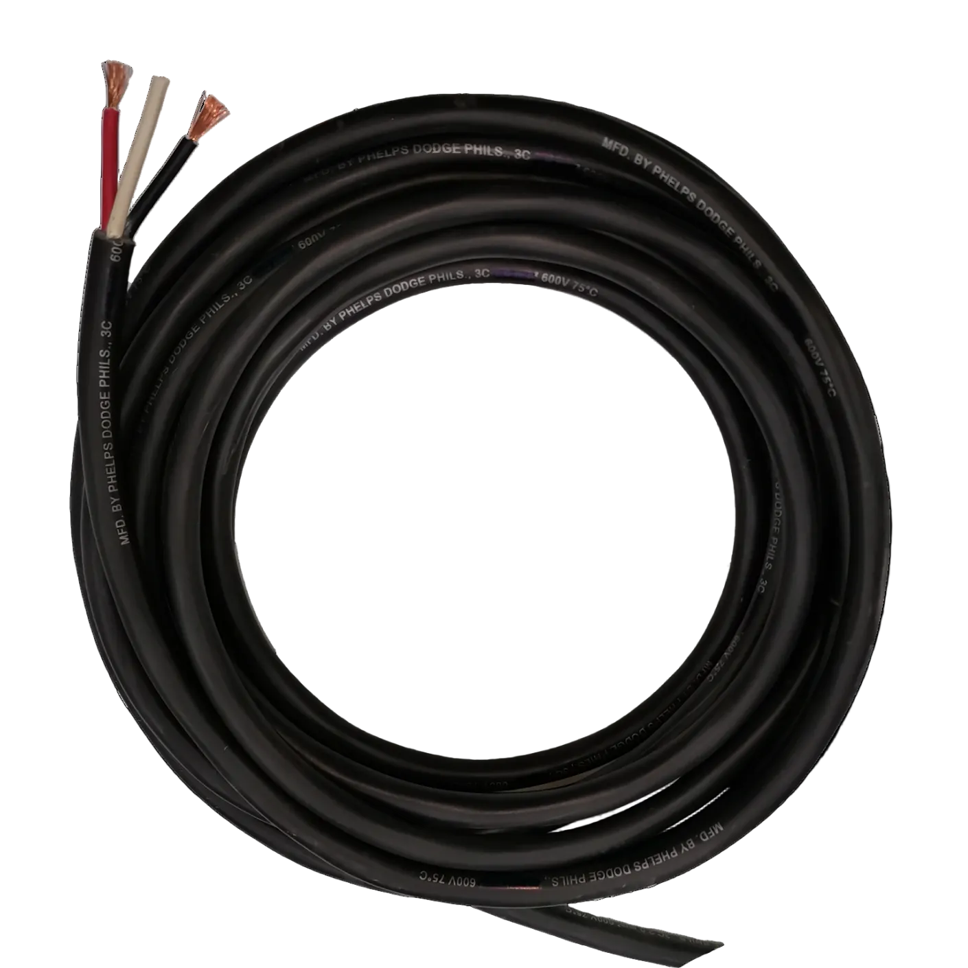 Phelps Dodge 3 core power cable 15 meters 3.5mm coiled black electrical wire with exposed copper ends